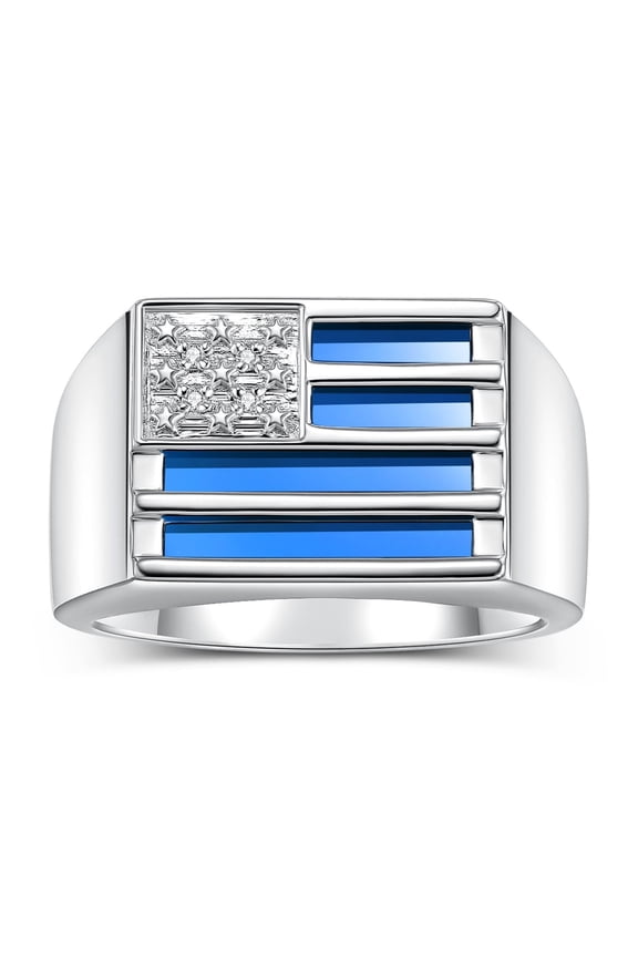 Men's Rings Sterling Silver USA Flag Designer Ring With Diamonds and Blue Quartz Rings For Men Designer Patriotic Jewelry Size 9