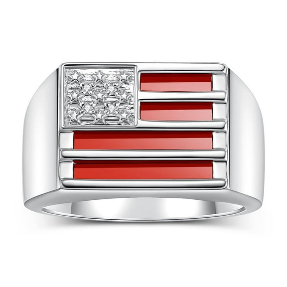 RYLOS Men's Rings Sterling Silver USA Flag Designer Ring With Diamonds and Red Quartz Rings For Men Designer Patriotic Jewelry Size 11