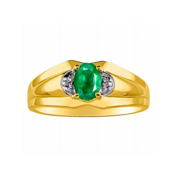 RYLOS Mens Rings Yellow Gold Plated Silver Classic Design 7X5MM Oval Gemstone & Diamond Emerald May Birthstone Ring Size 9