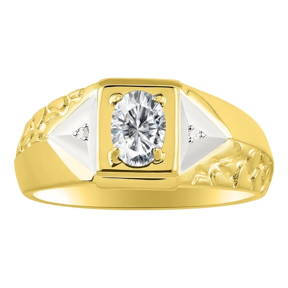 RYLOS Mens Rings Yellow Gold Plated Silver Classic Designer 7X5MM Oval Gemstone & Genuine Diamond Ring White Topaz April Birthstone Rings For Men, Men's Rings, Silver Rings, Sizes 8,9,10,11,12,13