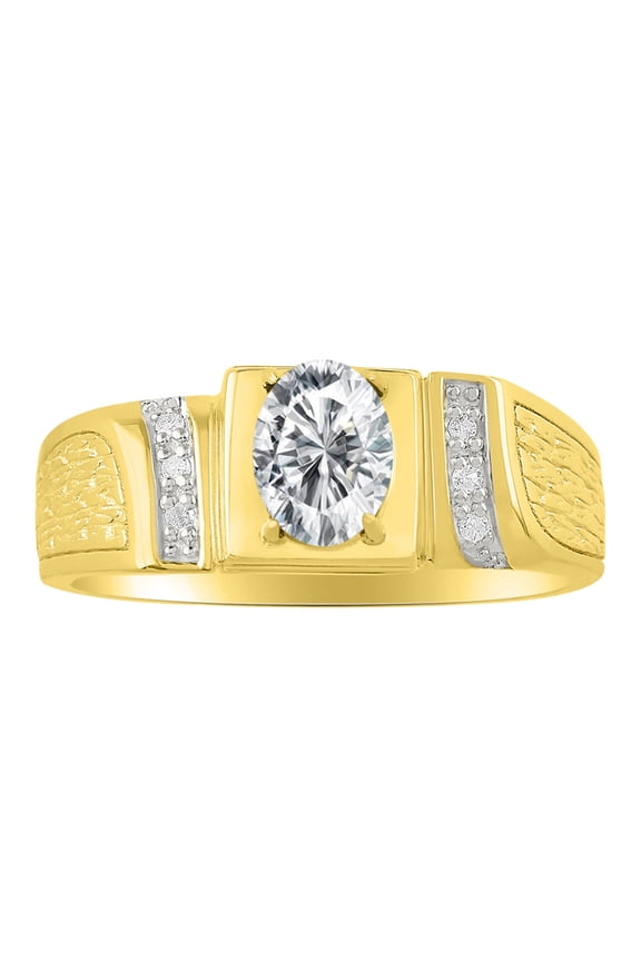 Mens Rings Yellow Gold Plated Silver Classic Designer 8X6MM Oval Gemstone & Genuine Diamond Ring White Topaz April Birthstone Rings For Men, Men's Rings, Silver Rings, Sizes 8,9,10,11,12,13