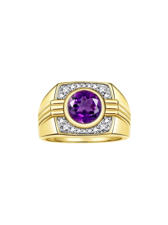 Mens Rings Yellow Gold Plated Silver Designer Round Gemstone & Diamond Ring Amethyst February Birthstone Rings For Men, Men's Rings, Silver Rings, Sizes 8 - 13