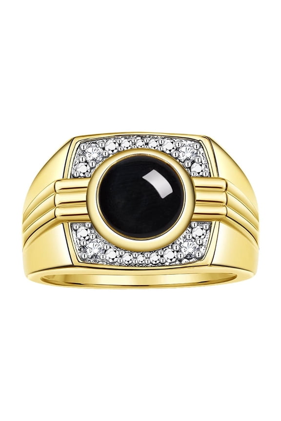 Mens Rings Yellow Gold Plated Silver Designer Round Gemstone &  Diamond Ring Cabochon Onyx October Birthstone Rings For Men, Men's Rings, Silver Rings, Sizes 8 - 13