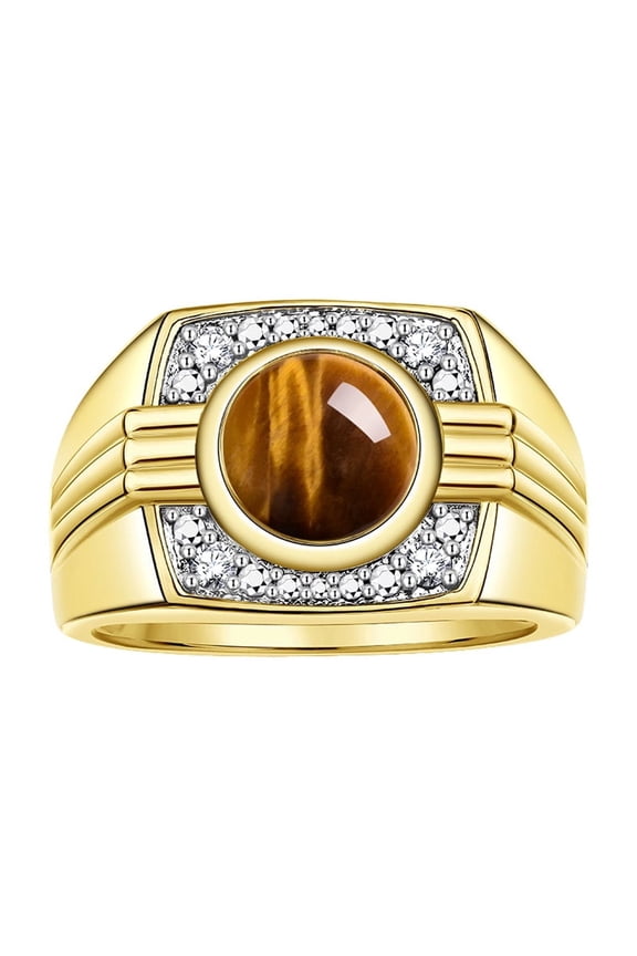 Mens Rings Yellow Gold Plated Silver Designer Round Gemstone & Diamond Ring Tiger Eye November Birthstone Rings For Men, Men's Rings, Silver Rings, Sizes 8 - 13