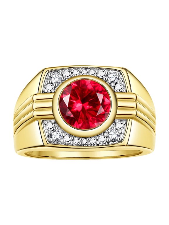 Mens Rings Yellow Gold Plated Silver Designer Round Gemstone & Sparkling Diamond Ring Ruby July Birthstone Rings For Men, Men's Rings, Silver Rings, Sizes 8 - 13