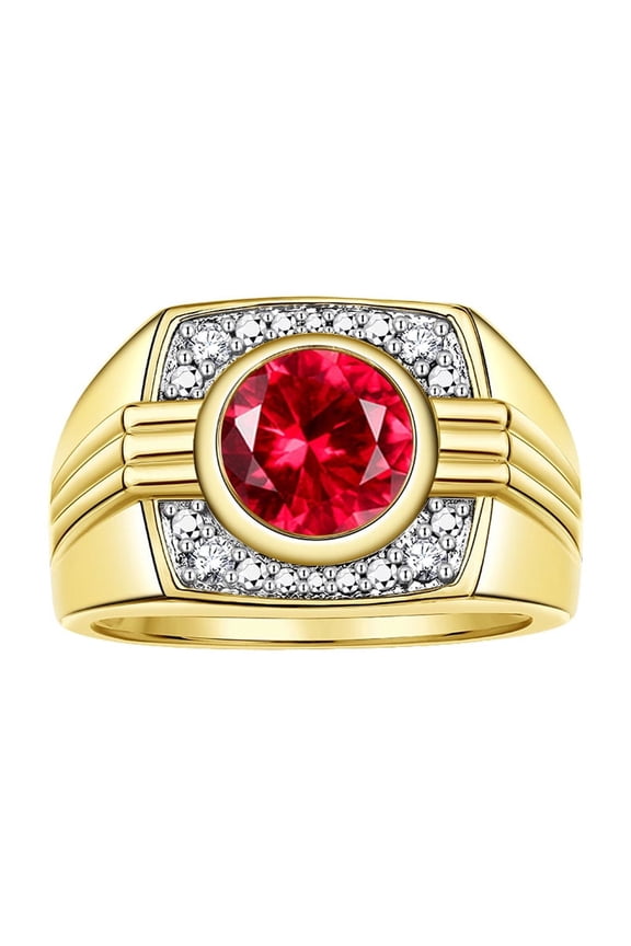 Mens Rings Yellow Gold Plated Silver Designer Round Gemstone & Sparkling Diamond Ring Ruby July Birthstone Rings For Men, Men's Rings, Silver Rings, Sizes 8 - 13