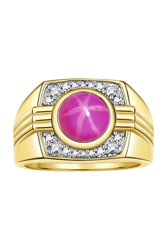 Mens Rings Yellow Gold Plated Silver Designer Round Gemstone & Sparkling Diamond Ring Star Ruby July Birthstone Rings For Men Men's Rings, Silver Rings, Size 8,9,10,11,12,13