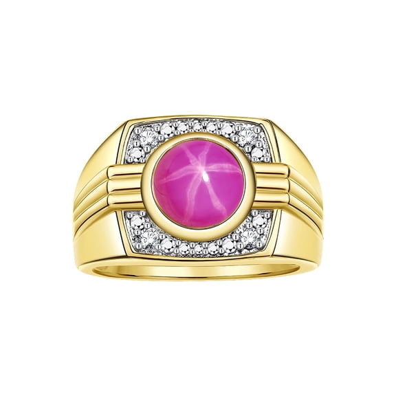 RYLOS Mens Rings Yellow Gold Plated Silver Designer Round Gemstone & Sparkling Diamond Ring Star Ruby July Birthstone Rings For Men Men's Rings, Silver Rings, Size 8,9,10,11,12,13