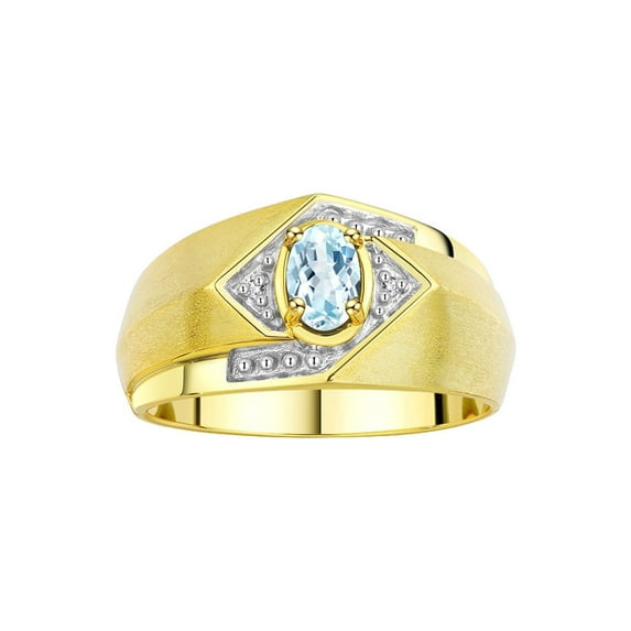 RYLOS Mens Rings Yellow Gold Plated Silver Ring 6X4MM Oval Shape Gemstone & Diamond Ring Aquamarine March Birthstone Rings For Man Silver Rings Size 9
