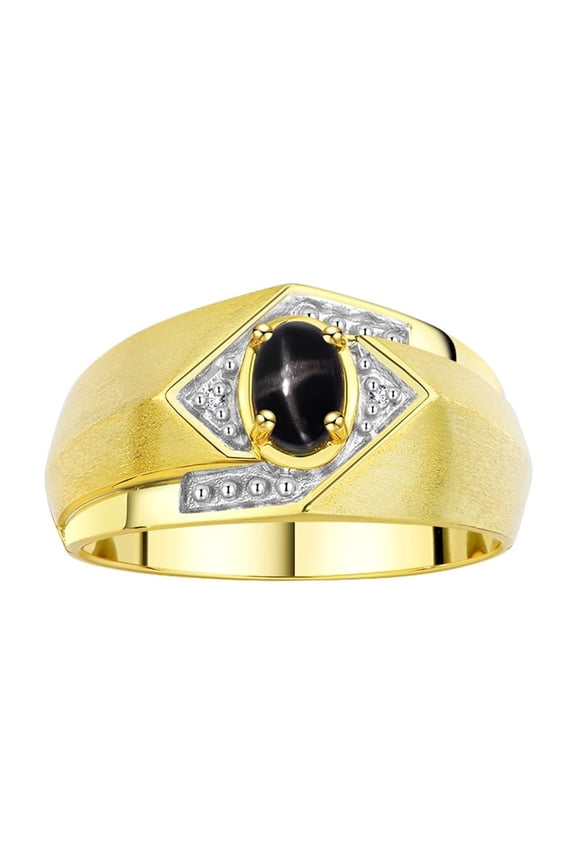 Mens Rings Yellow Gold Plated Silver Ring 6X4MM Oval Shape Gemstone & Diamond Ring Black Star Sapphire Birthstone Rings For Man Silver Rings, Size 8