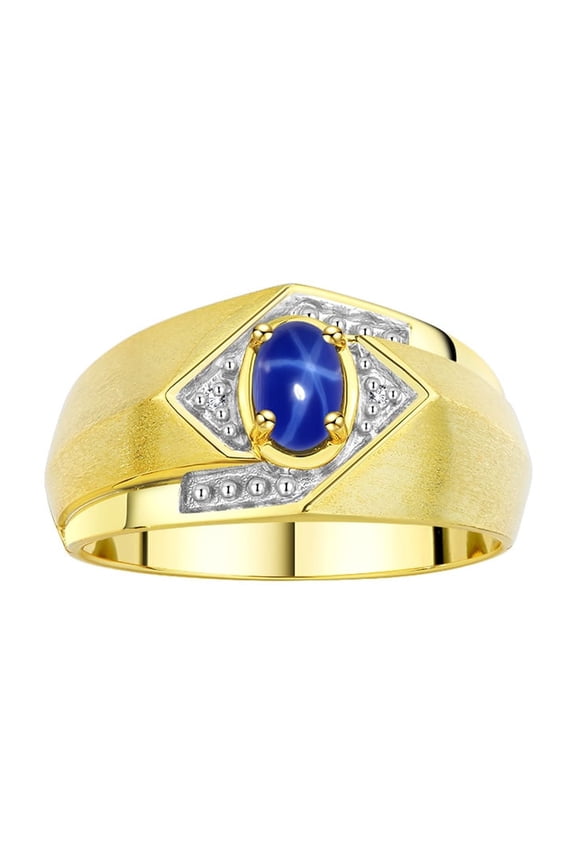 Mens Rings Yellow Gold Plated Silver Ring 6X4MM Oval Shape Gemstone & Diamond Ring Blue Star Sapphire Birthstone Rings For Men Men's Rings Silver Rings Size 9