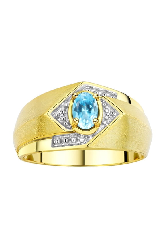 Mens Rings Yellow Gold Plated Silver Ring 6X4MM Oval Shape Gemstone & Diamond Ring Blue Topaz Birthstone Rings For Man Silver Rings, Size 10