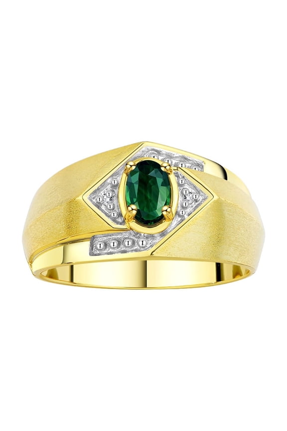 Mens Rings Yellow Gold Plated Silver Ring 6X4MM Oval Shape Gemstone & Diamond Ring Green Sapphire Birthstone Rings For Man Silver Rings, Size 9