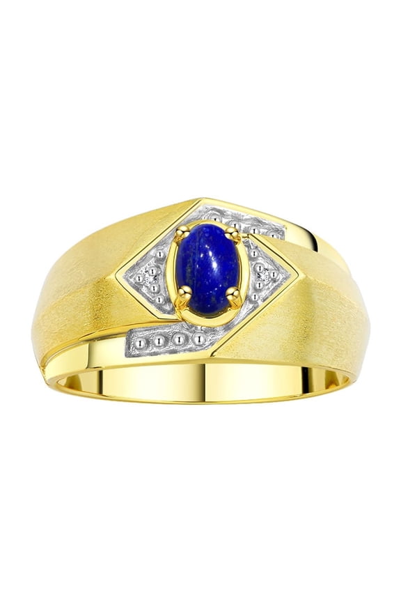 Mens Rings Yellow Gold Plated Silver Ring 6X4MM Oval Shape Gemstone & Diamond Ring Lapis September Birthstone Rings For Man Silver Rings Size 9