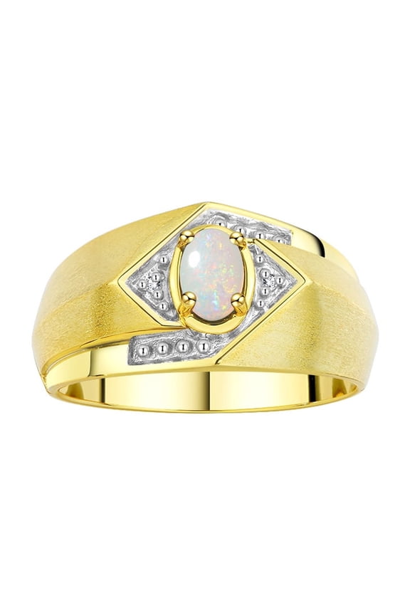 Mens Rings Yellow Gold Plated Silver Ring 6X4MM Oval Shape Gemstone & Diamond Ring Opal October Birthstone Rings For Man Silver Rings, Size 8