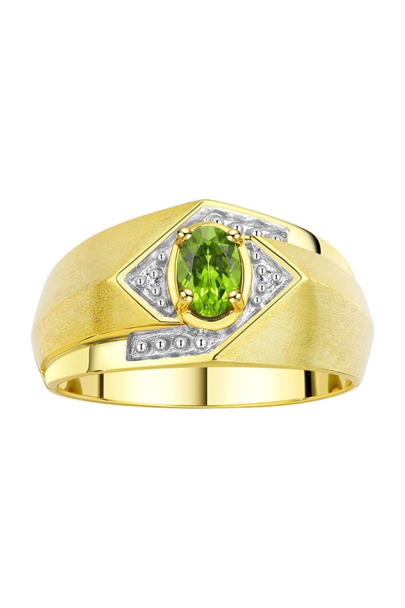 Mens Rings Yellow Gold Plated Silver Ring 6X4MM Oval Shape Gemstone & Diamond Ring Peridot August Birthstone Rings For Man Silver Rings, Size 9