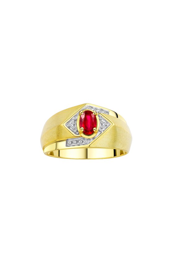 Mens Rings Yellow Gold Plated Silver Ring 6X4MM Oval Shape Gemstone & Diamond Ring Ruby July Birthstone Rings For Man Silver Rings, Size 12