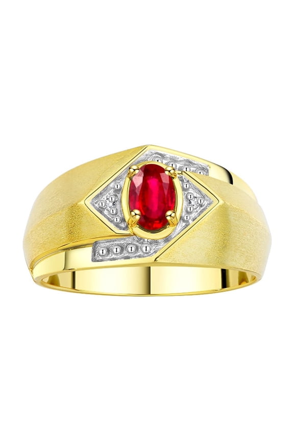 Mens Rings Yellow Gold Plated Silver Ring 6X4MM Oval Shape Gemstone & Diamond Ring Ruby July Birthstone Rings For Man Silver Rings, Size 9