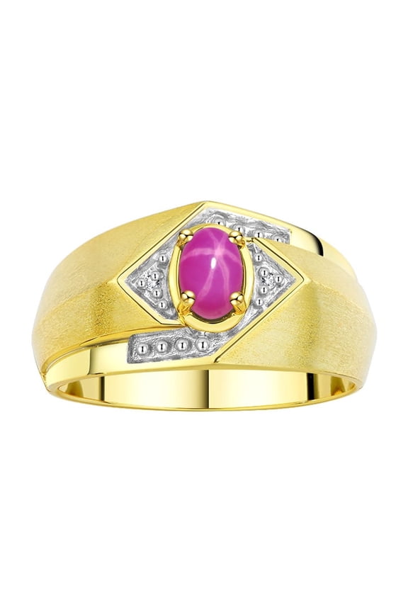 Mens Rings Yellow Gold Plated Silver Ring 6X4MM Oval Shape Gemstone & Diamond Ring Star Ruby July Birthstone Rings For Man Silver Rings, Size 8