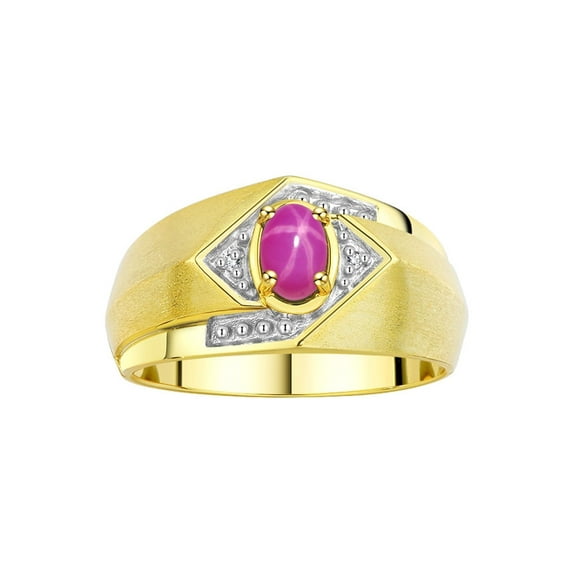 RYLOS Mens Rings Yellow Gold Plated Silver Ring 6X4MM Oval Shape Gemstone & Diamond Ring Star Ruby July Birthstone Rings For Man Silver Rings, Size 11