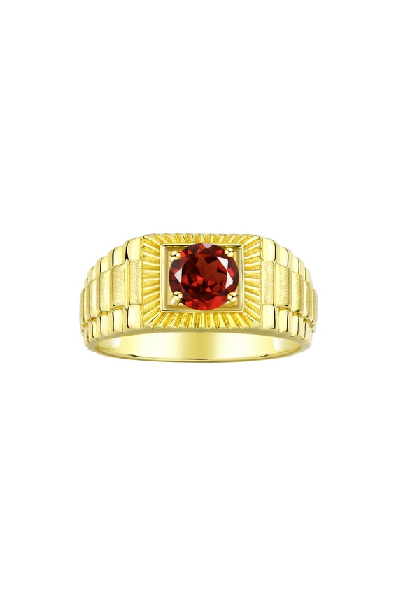 Men's Ring Yellow Gold Plated Silver Ring, 7MM Round Shape Gemstone Designer Style Rings Garnet January Birthstone Rings Silver Size 13