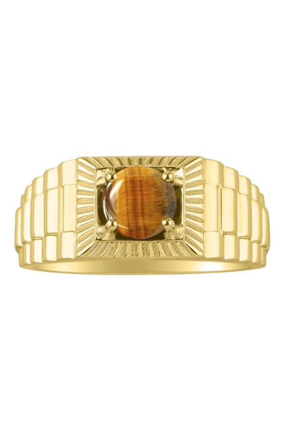 Mens Rings Yellow Gold Plated Silver Ring Gorgeous 7MM Round Shape Gemstone Designer Style Rings Tiger Eye November Birthstone Rings For Men, Men's Rings, Silver Rings, Sizes 8,9,10,11,12,13