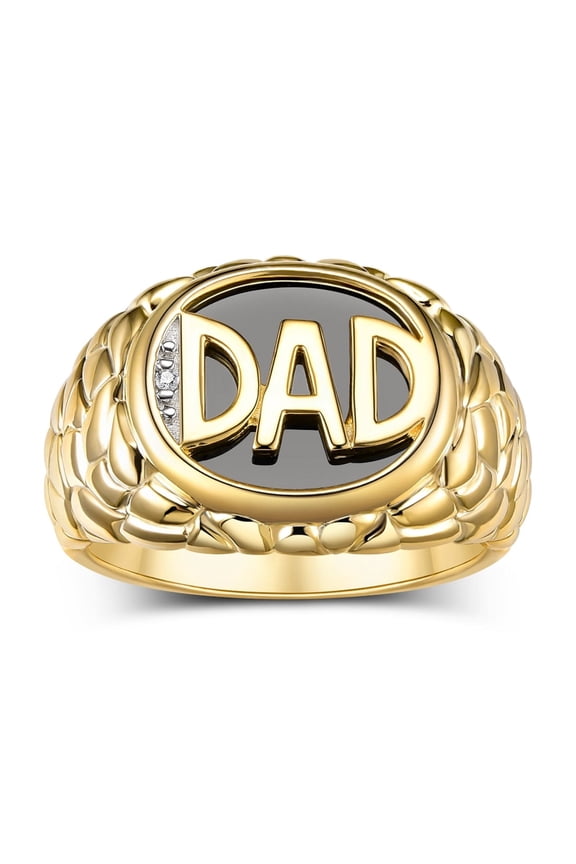 Mens Rings Yellow Gold Plated Silver Ring With Diamonds and Black Onyx Designer DAD Ring; Rings For Men Size 10