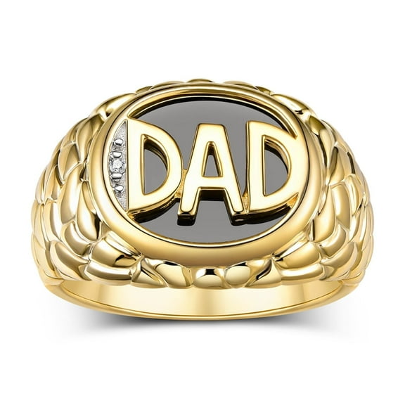 RYLOS Mens Rings Yellow Gold Plated Silver Ring With Diamonds and Black Onyx Designer DAD Ring; Rings For Men Size 8