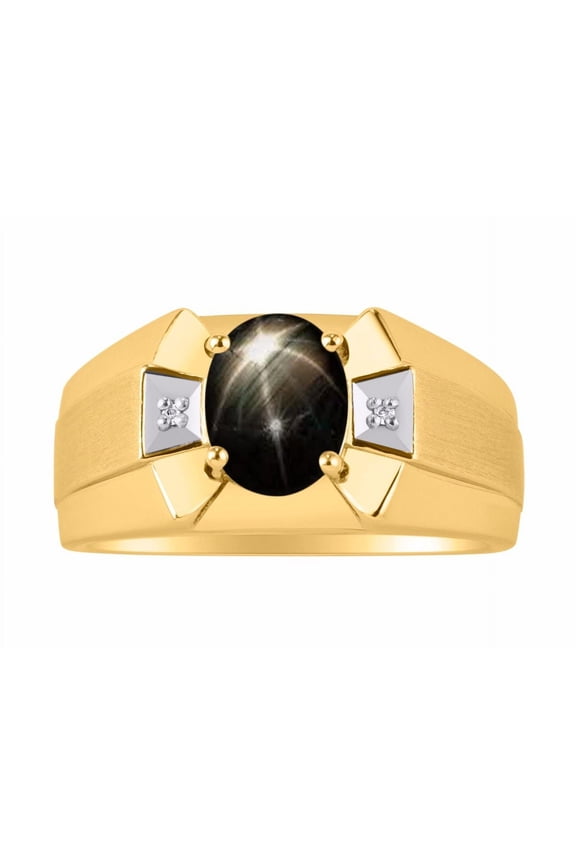 Mens Rings Yellow Gold Plated Silver Rings Classic Designer Style 9X7MM Gemstone & Diamond Ring  Black Star Sapphire March Birthstone Rings For Men Men's Rings Silver Rings, Size 8,9,10,11,12,13