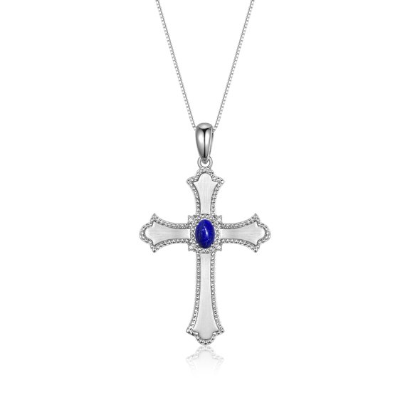 RYLOS Necklace Sterling Silver 925 Cross Necklace Gemstone & Diamonds Pendant With 18" Chain 6X4MM Lapis September Birthstone Womens Jewelry Silver Necklace