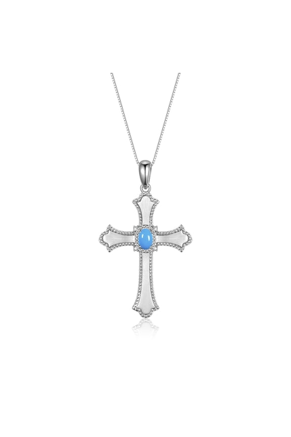 Necklace Sterling Silver 925 Cross Necklace Gemstone & Diamonds Pendant With 18" Chain 6X4MM Turquoise December Birthstone Womens Jewelry Silver Necklace