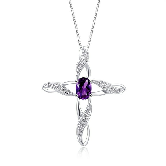 RYLOS Necklace Sterling Silver 925 Cross Necklace with Gemstone &  Diamonds Pendant with 18" Chain 7X5MM Amethyst February Birthstone Womens Jewelry Silver Necklace For Women