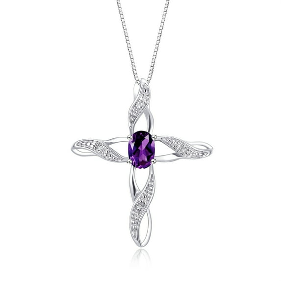 RYLOS Necklace Sterling Silver 925 Cross Necklace with Gemstone & Diamonds Pendant with 18" Chain 7X5MM Amethyst February Birthstone Womens Jewelry Silver Necklace For Women