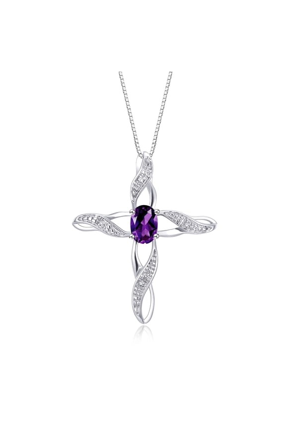 Necklace Sterling Silver 925 Cross Necklace with Gemstone & Diamonds Pendant with 18" Chain 7X5MM Amethyst February Birthstone Womens Jewelry Silver Necklace For Women
