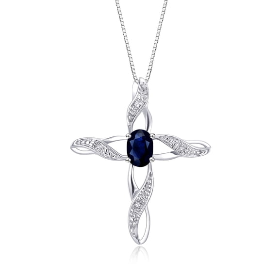 RYLOS Necklace Sterling Silver 925 Cross Necklace with Gemstone & Diamonds Pendant with 18" Chain 7X5MM Sapphire September Birthstone Womens Jewelry Silver Necklace For Women