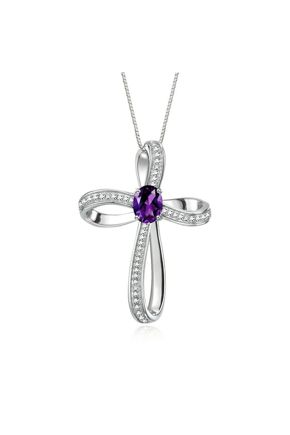Necklace Sterling Silver 925 Cross Necklace Gemstone &  Diamonds Pendant With 18" Chain 8X6MM Amethyst February Birthstone Womens Jewelry Silver Necklace