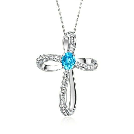 RYLOS Necklace Sterling Silver 925 Cross Necklace Gemstone & Diamonds Pendant With 18" Chain 8X6MM Blue Topaz December Birthstone Womens Jewelry Silver Necklace