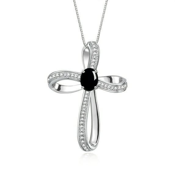 RYLOS Necklace Sterling Silver 925 Cross Necklace Gemstone & Diamonds Pendant With 18" Chain 8X6MM Cabochon Onyx October Birthstone Womens Jewelry Silver Necklace