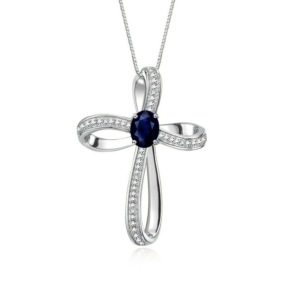 RYLOS Necklace Sterling Silver 925 Cross Necklace Gemstone & Diamonds Pendant With 18" Chain 8X6MM Sapphire September Birthstone Womens Jewelry Silver Necklace