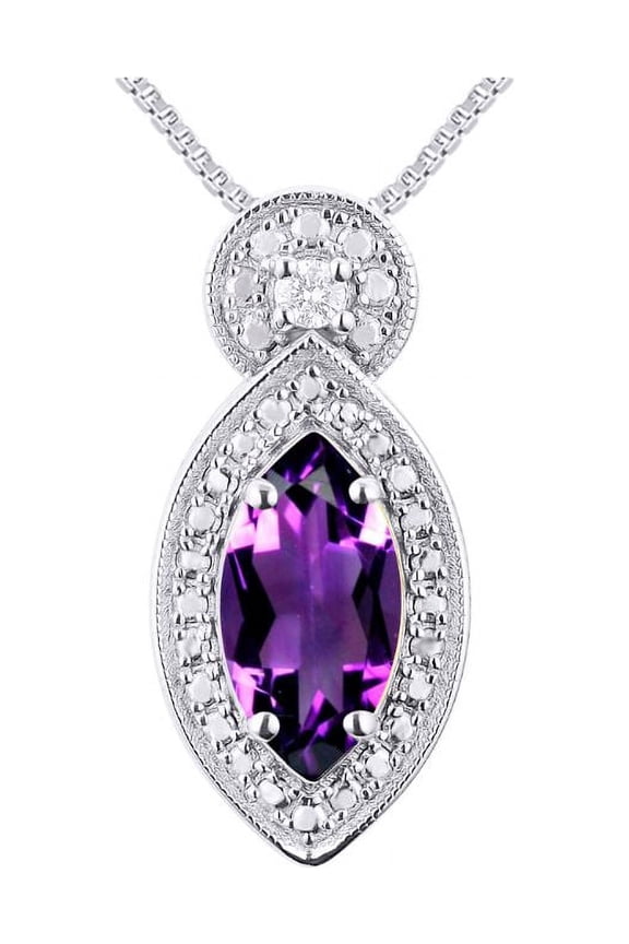 Necklace Sterling Silver 925 Designer Necklace Marquise Gemstone & Diamonds Pendant 18" Chain 10X5MM Amethyst February Birthstone Womens Jewelry Silver Necklace