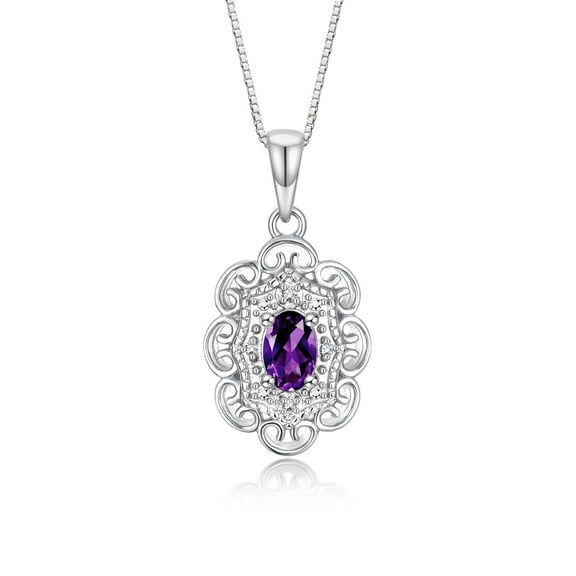 RYLOS Necklace Sterling Silver 925 Flower Necklace Gemstone & Diamonds Pendant 18" Chain 6X4MM Amethyst February Birthstone Womens Jewelry Silver Necklace