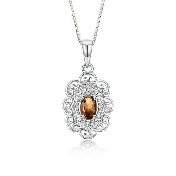RYLOS Necklace Sterling Silver 925 Flower Necklace Gemstone & Diamonds Pendant 18" Chain 6X4MM Smoky Quartz June Birthstone Womens Jewelry Silver Necklace
