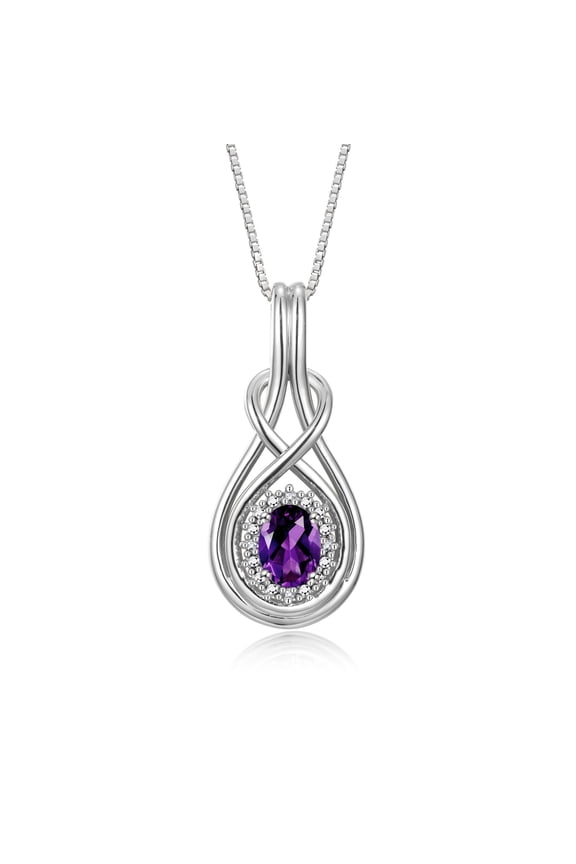 Necklace Sterling Silver 925 Love Knot Necklace Gemstone & Diamonds Pendant 18" Chain 8X6MM Amethyst February Birthstone Womens Jewelry Silver Necklace