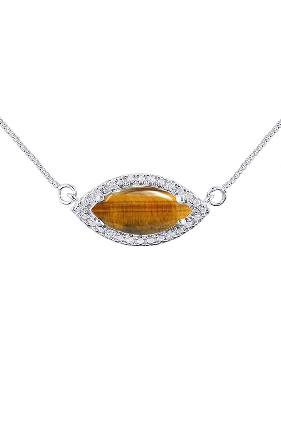 Necklace Sterling Silver 925 Lucky Eye Necklace Marquise Gemstone & Diamonds Pendant 18" Chain 12X6MM Tiger Eye November Birthstone Womens Jewelry Silver Necklace