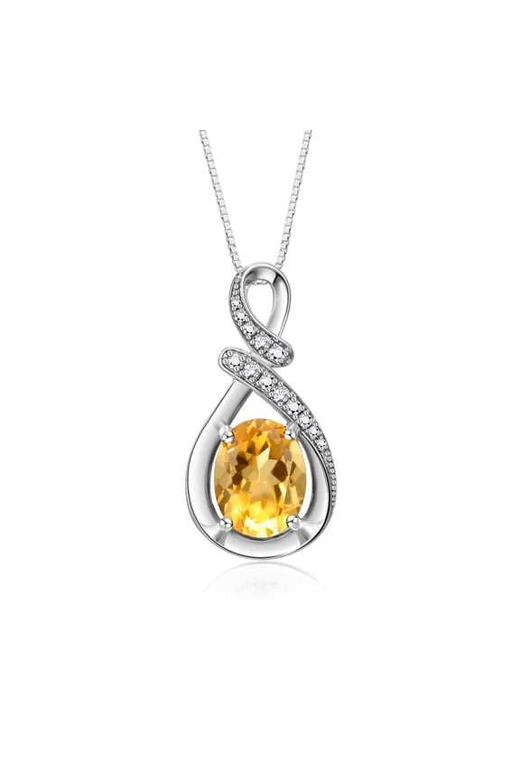 Necklace Sterling Silver Classic Designer Necklace Gemstone & Diamonds Pendant with 18" Chain 9X7MM Citrine November Birthstone Womens Jewelry Silver Necklace
