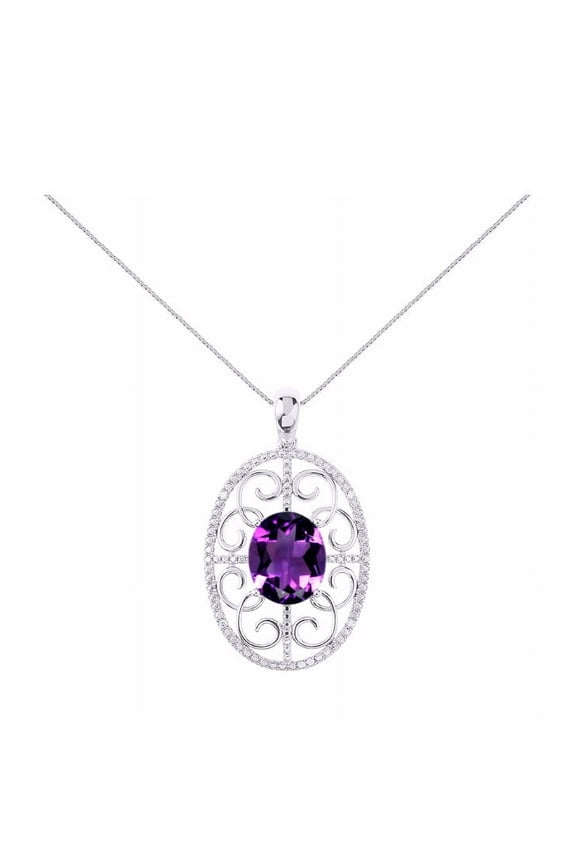 Necklace Sterling Silver Halo Designer Style Necklace Gemstone & Diamonds Pendant 18" Chain 12X10MM Amethyst February Birthstone Womens Jewelry Silver Necklace