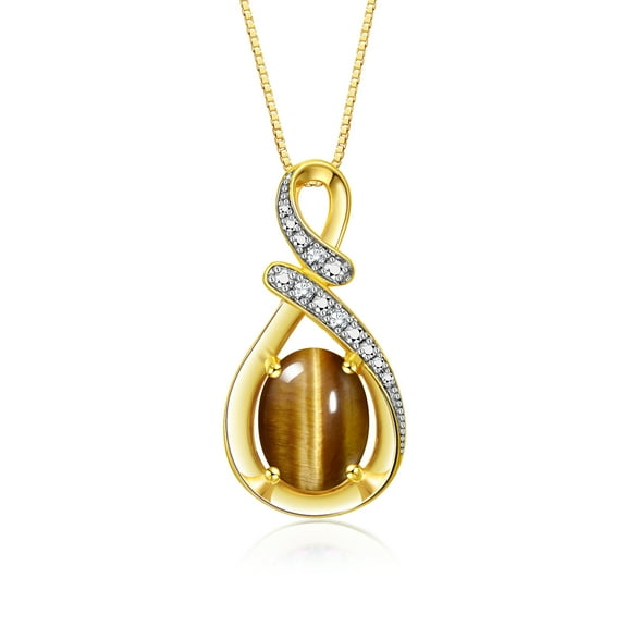 RYLOS Necklace Yellow Gold 14K Classic Designer Necklace Gemstone & Diamonds Pendant with 18" Chain 9X7MM Tiger Eye November Birthstone Womens Jewelry Gold Necklace