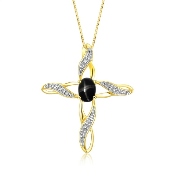 RYLOS Necklace Yellow Gold 14K Cross Necklace with Gemstone & Diamonds Pendant with 18" Chain 7X5MM Black Star Sapphire March Birthstone Womens Jewelry Gold Necklace