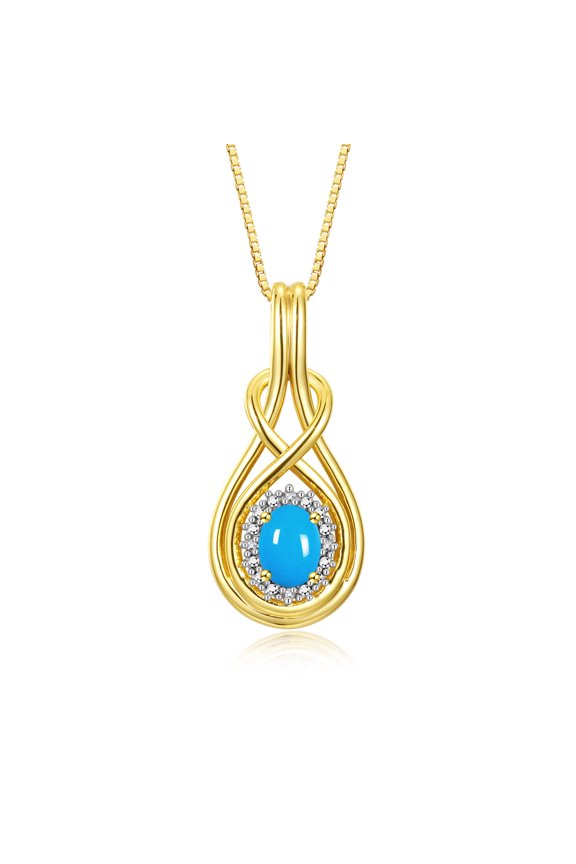 Necklace Yellow Gold 14K Love Knot Necklace Gemstone & Diamonds Pendant 18" Chain 8X6MM TURQUOISE SETPEMBER Birthstone Womens Jewelry Gold Necklace