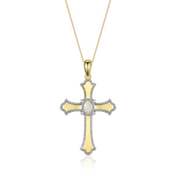RYLOS Necklace Yellow Gold Plated Silver 925 Cross Necklace Gemstone & Diamonds Pendant With 18" Chain 6X4MM Opal October Birthstone Womens Jewelry Silver Necklace